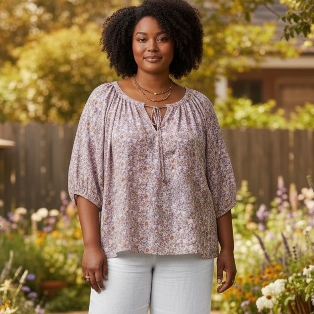 Ava & Viv Lavender Floral Puff Sleeve Boho Peasant Cottagecore Romantic Top 2X